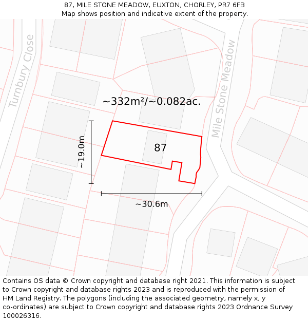 87, MILE STONE MEADOW, EUXTON, CHORLEY, PR7 6FB: Plot and title map