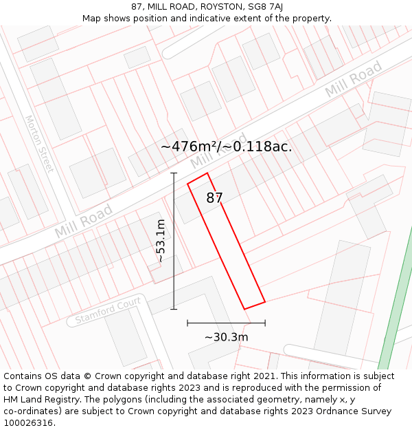87, MILL ROAD, ROYSTON, SG8 7AJ: Plot and title map