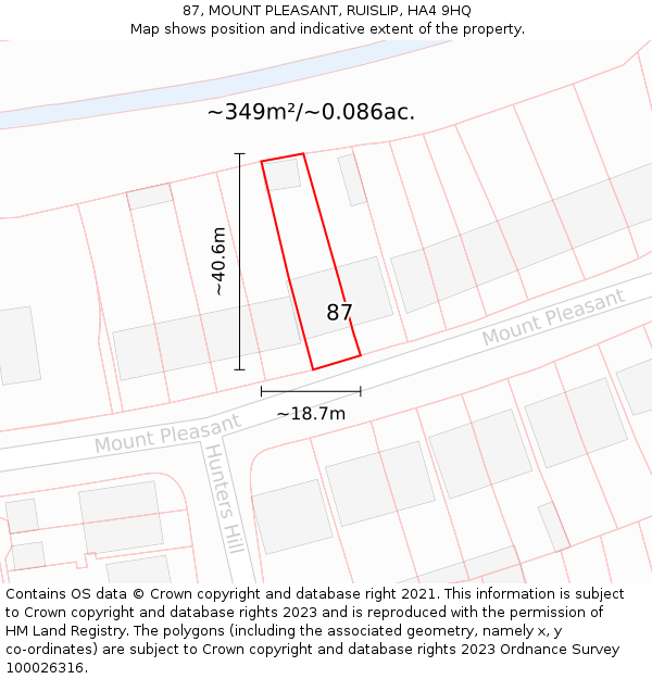 87, MOUNT PLEASANT, RUISLIP, HA4 9HQ: Plot and title map