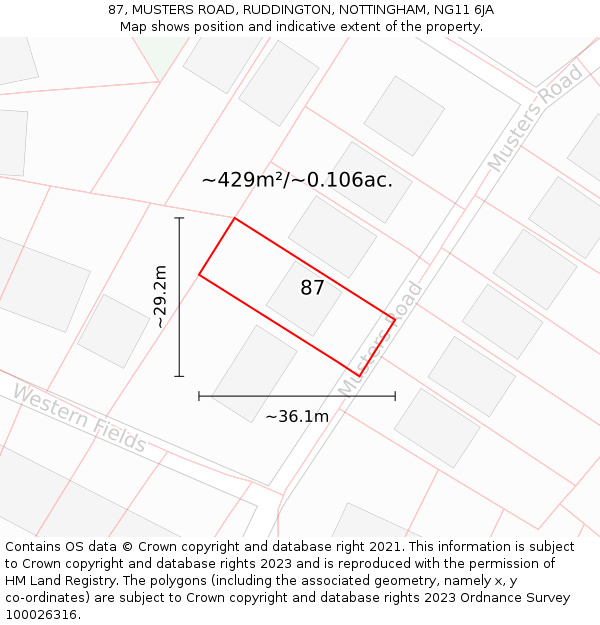 87, MUSTERS ROAD, RUDDINGTON, NOTTINGHAM, NG11 6JA: Plot and title map