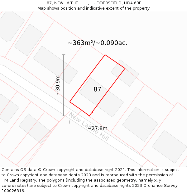 87, NEW LAITHE HILL, HUDDERSFIELD, HD4 6RF: Plot and title map