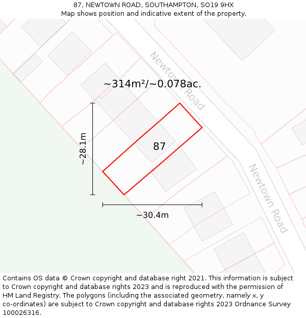 87, NEWTOWN ROAD, SOUTHAMPTON, SO19 9HX: Plot and title map