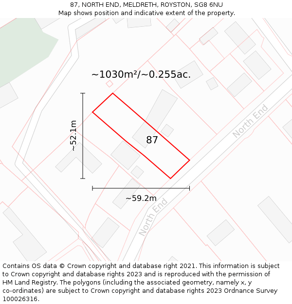 87, NORTH END, MELDRETH, ROYSTON, SG8 6NU: Plot and title map