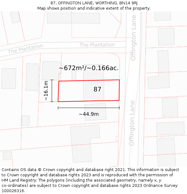 87, OFFINGTON LANE, WORTHING, BN14 9RJ: Plot and title map