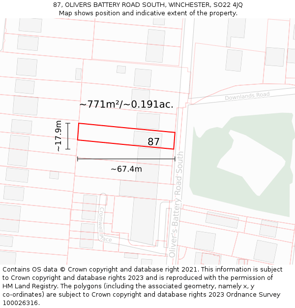 87, OLIVERS BATTERY ROAD SOUTH, WINCHESTER, SO22 4JQ: Plot and title map