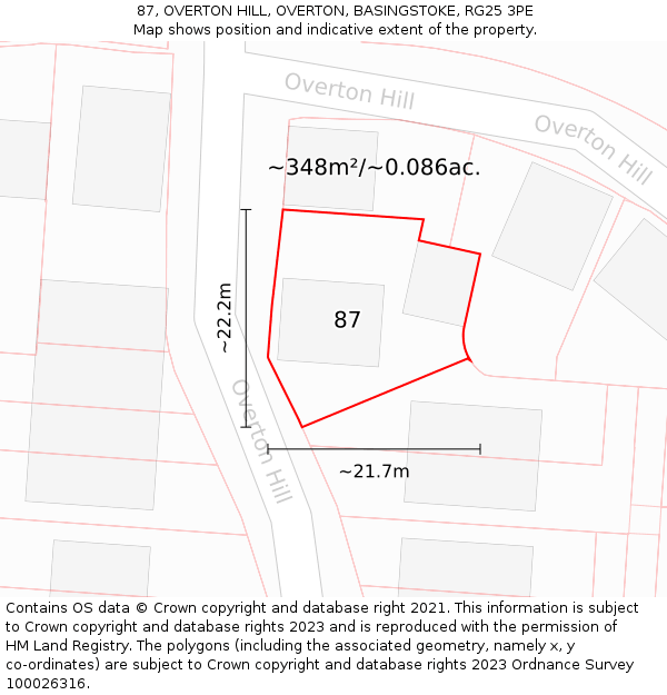 87, OVERTON HILL, OVERTON, BASINGSTOKE, RG25 3PE: Plot and title map