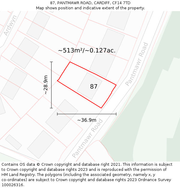 87, PANTMAWR ROAD, CARDIFF, CF14 7TD: Plot and title map