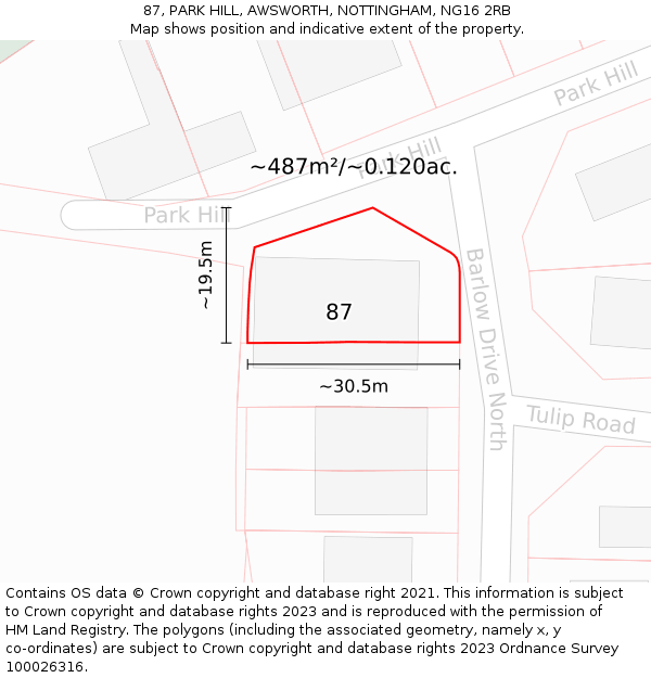 87, PARK HILL, AWSWORTH, NOTTINGHAM, NG16 2RB: Plot and title map