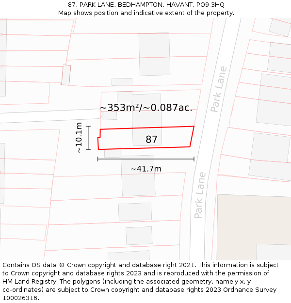 87, PARK LANE, BEDHAMPTON, HAVANT, PO9 3HQ: Plot and title map