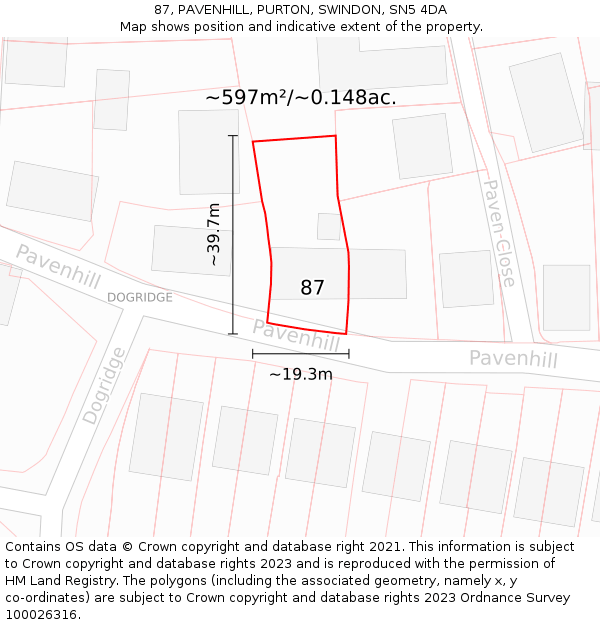 87, PAVENHILL, PURTON, SWINDON, SN5 4DA: Plot and title map