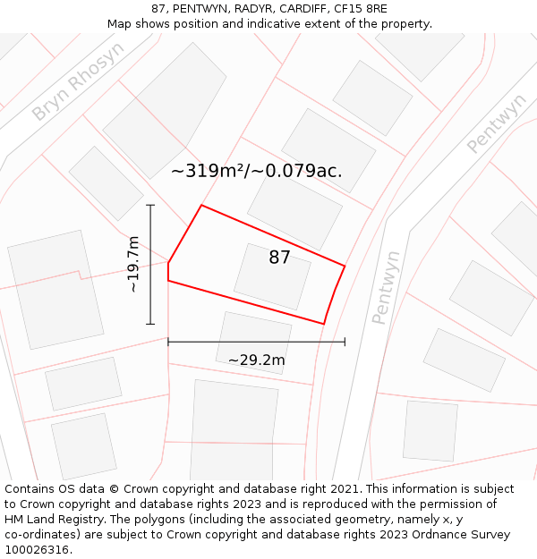 87, PENTWYN, RADYR, CARDIFF, CF15 8RE: Plot and title map