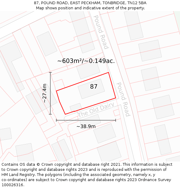 87, POUND ROAD, EAST PECKHAM, TONBRIDGE, TN12 5BA: Plot and title map