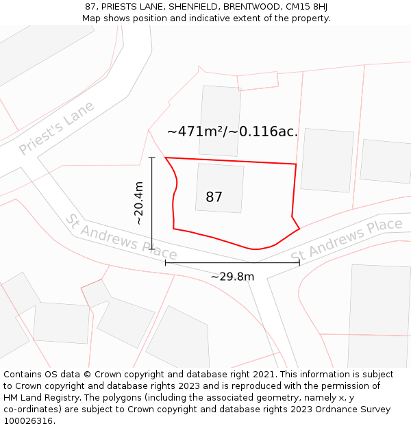 87, PRIESTS LANE, SHENFIELD, BRENTWOOD, CM15 8HJ: Plot and title map