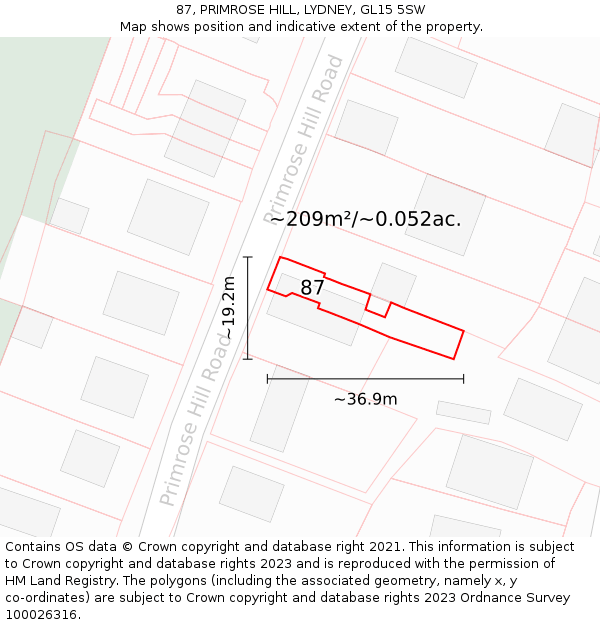 87, PRIMROSE HILL, LYDNEY, GL15 5SW: Plot and title map