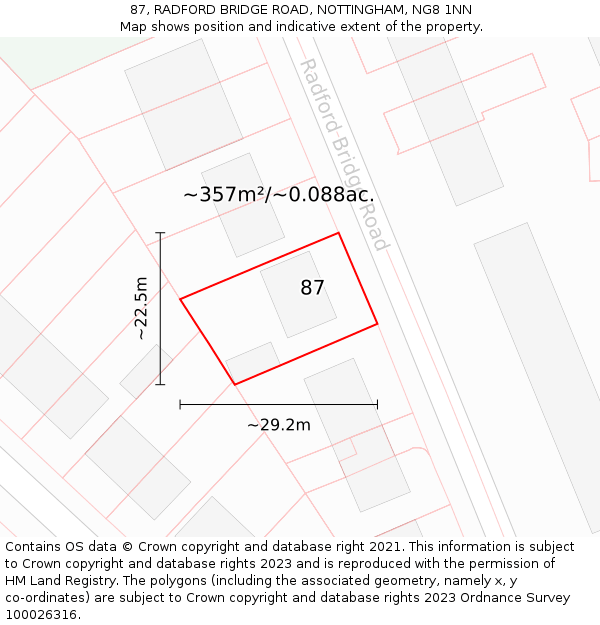 87, RADFORD BRIDGE ROAD, NOTTINGHAM, NG8 1NN: Plot and title map