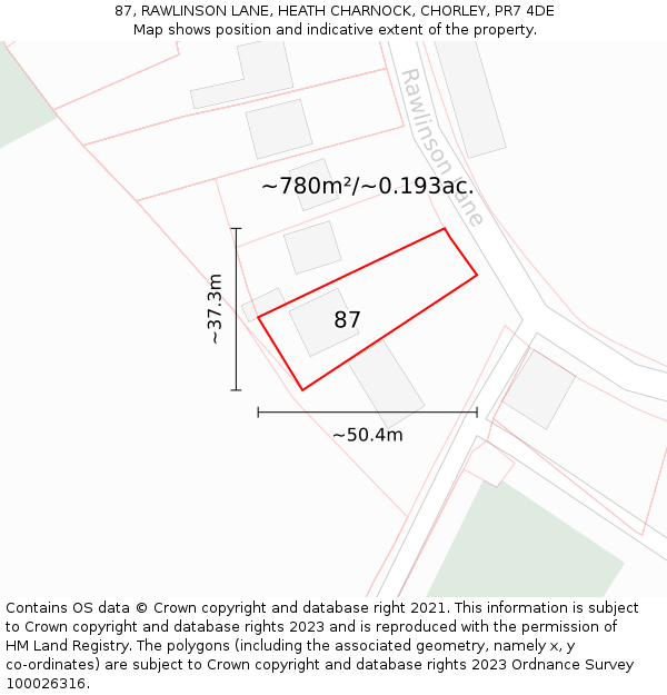 87, RAWLINSON LANE, HEATH CHARNOCK, CHORLEY, PR7 4DE: Plot and title map