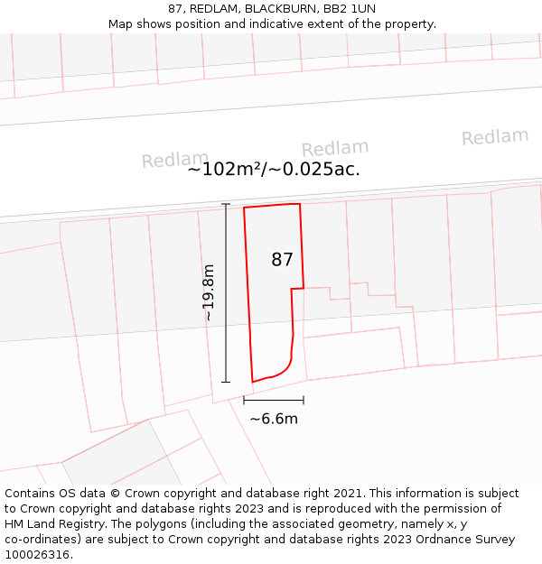 87, REDLAM, BLACKBURN, BB2 1UN: Plot and title map