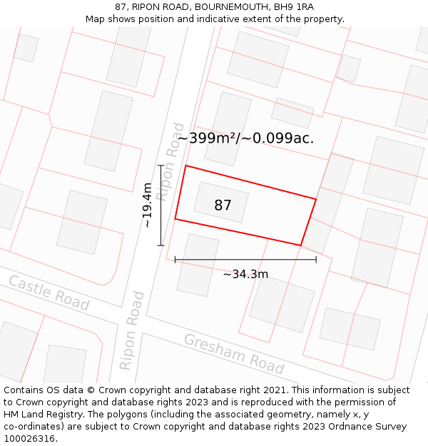 87, RIPON ROAD, BOURNEMOUTH, BH9 1RA: Plot and title map