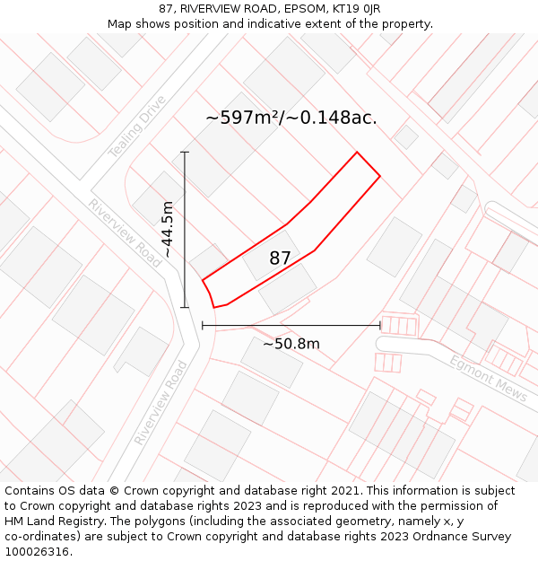 87, RIVERVIEW ROAD, EPSOM, KT19 0JR: Plot and title map