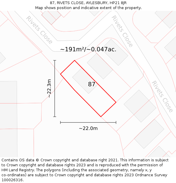 87, RIVETS CLOSE, AYLESBURY, HP21 8JR: Plot and title map