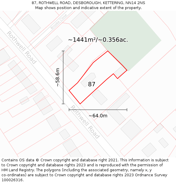 87, ROTHWELL ROAD, DESBOROUGH, KETTERING, NN14 2NS: Plot and title map