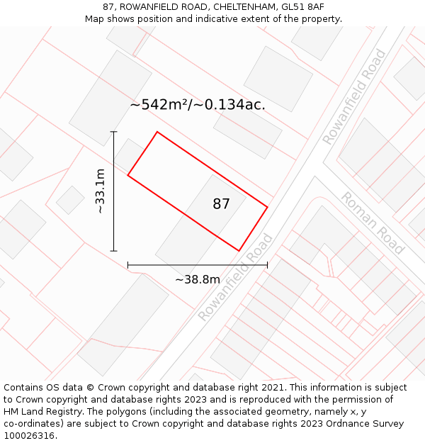 87, ROWANFIELD ROAD, CHELTENHAM, GL51 8AF: Plot and title map