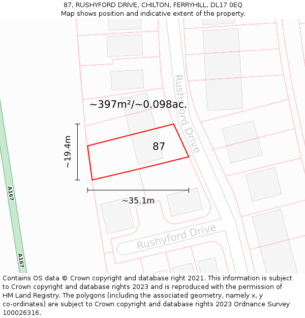 87, RUSHYFORD DRIVE, CHILTON, FERRYHILL, DL17 0EQ: Plot and title map