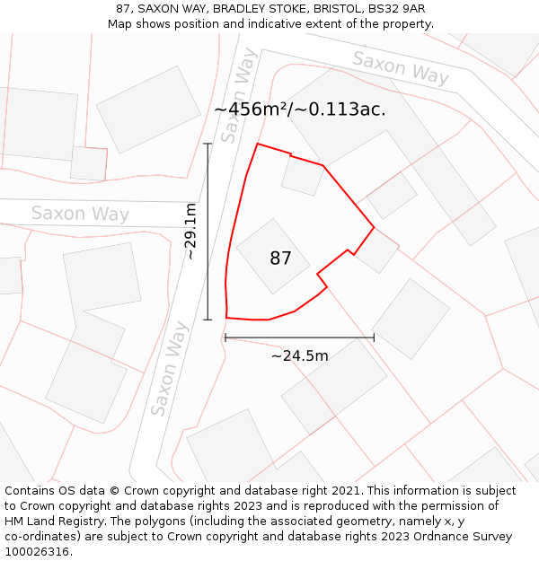 87, SAXON WAY, BRADLEY STOKE, BRISTOL, BS32 9AR: Plot and title map