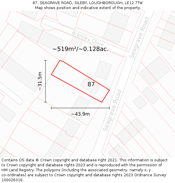 87, SEAGRAVE ROAD, SILEBY, LOUGHBOROUGH, LE12 7TW: Plot and title map