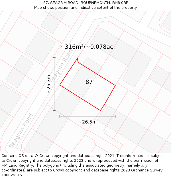 87, SEAGRIM ROAD, BOURNEMOUTH, BH8 0BB: Plot and title map