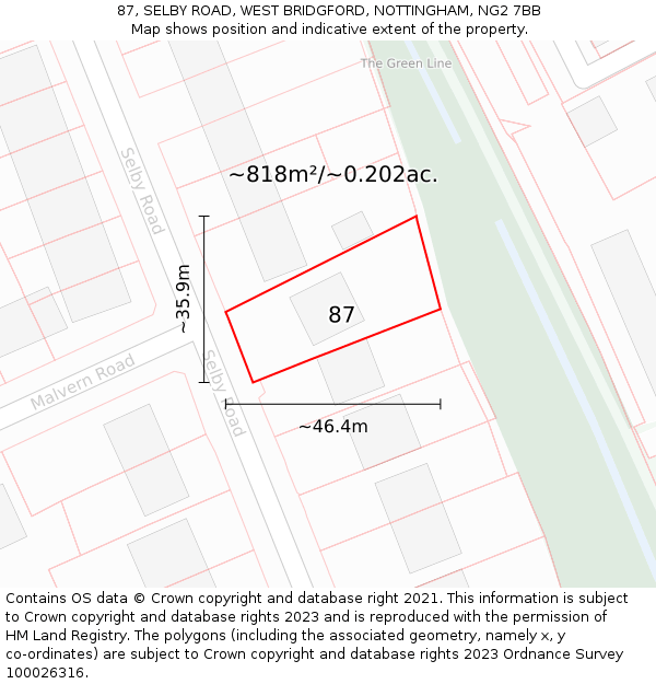 87, SELBY ROAD, WEST BRIDGFORD, NOTTINGHAM, NG2 7BB: Plot and title map