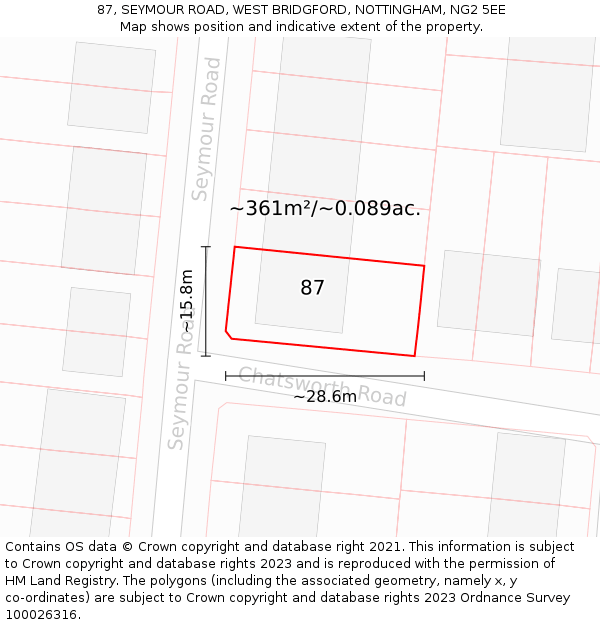 87, SEYMOUR ROAD, WEST BRIDGFORD, NOTTINGHAM, NG2 5EE: Plot and title map