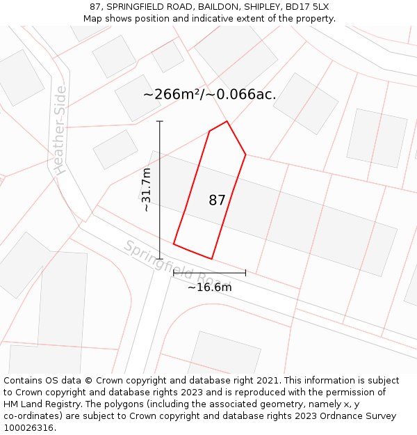 87, SPRINGFIELD ROAD, BAILDON, SHIPLEY, BD17 5LX: Plot and title map