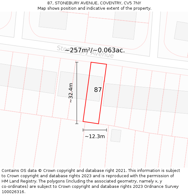 87, STONEBURY AVENUE, COVENTRY, CV5 7NY: Plot and title map