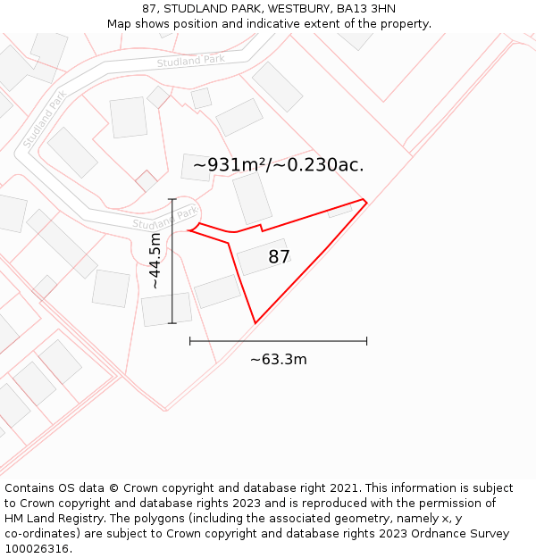 87, STUDLAND PARK, WESTBURY, BA13 3HN: Plot and title map