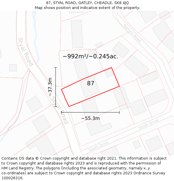 87, STYAL ROAD, GATLEY, CHEADLE, SK8 4JQ: Plot and title map