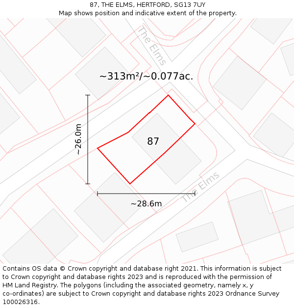 87, THE ELMS, HERTFORD, SG13 7UY: Plot and title map