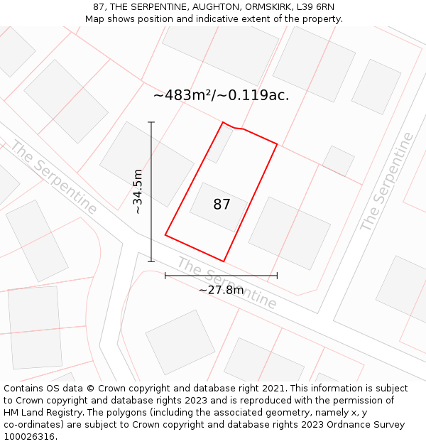 87, THE SERPENTINE, AUGHTON, ORMSKIRK, L39 6RN: Plot and title map