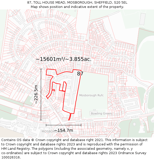 87, TOLL HOUSE MEAD, MOSBOROUGH, SHEFFIELD, S20 5EL: Plot and title map