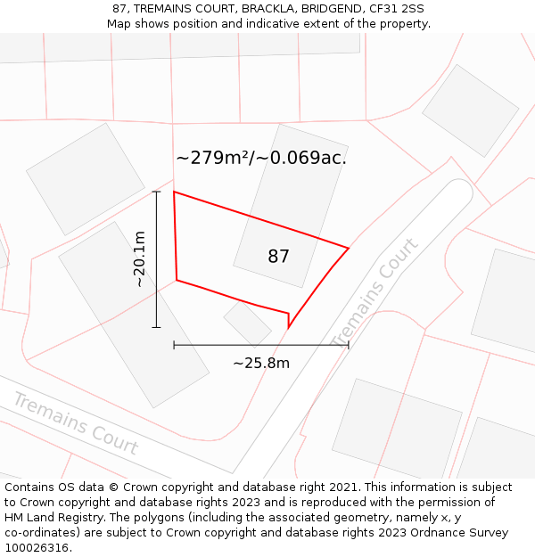 87, TREMAINS COURT, BRACKLA, BRIDGEND, CF31 2SS: Plot and title map