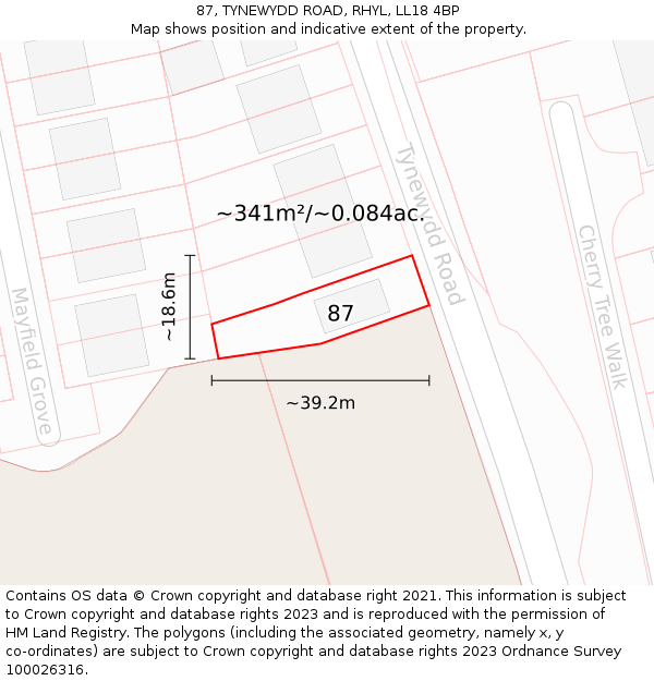 87, TYNEWYDD ROAD, RHYL, LL18 4BP: Plot and title map