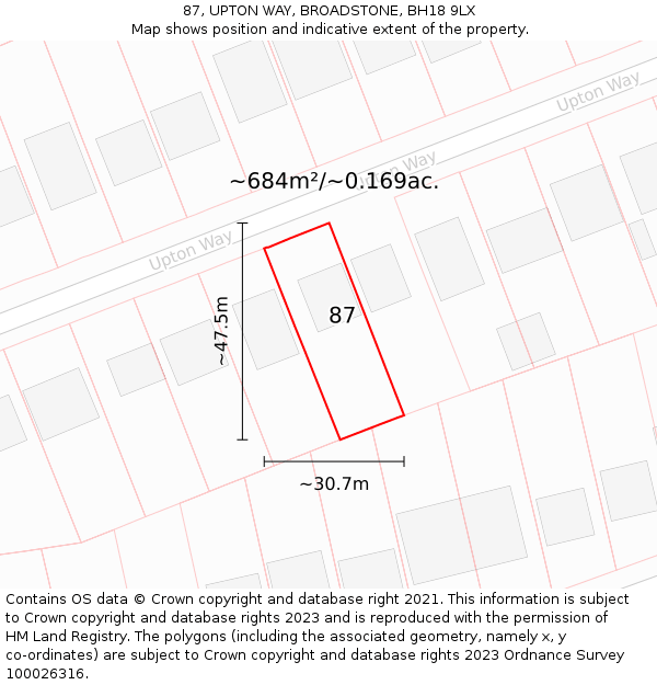 87, UPTON WAY, BROADSTONE, BH18 9LX: Plot and title map