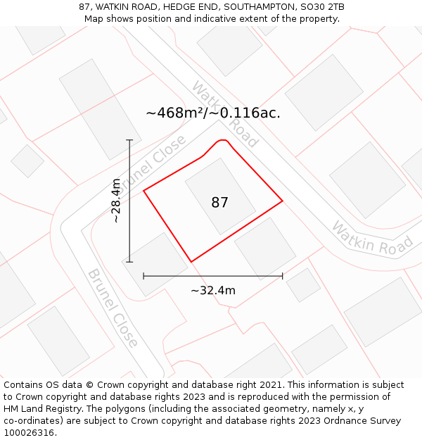 87, WATKIN ROAD, HEDGE END, SOUTHAMPTON, SO30 2TB: Plot and title map