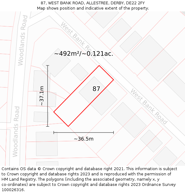 87, WEST BANK ROAD, ALLESTREE, DERBY, DE22 2FY: Plot and title map