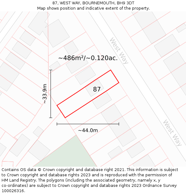 87, WEST WAY, BOURNEMOUTH, BH9 3DT: Plot and title map