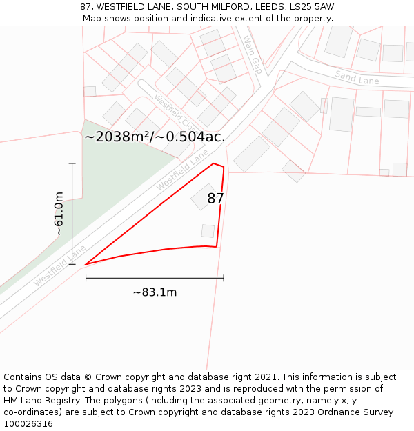 87, WESTFIELD LANE, SOUTH MILFORD, LEEDS, LS25 5AW: Plot and title map