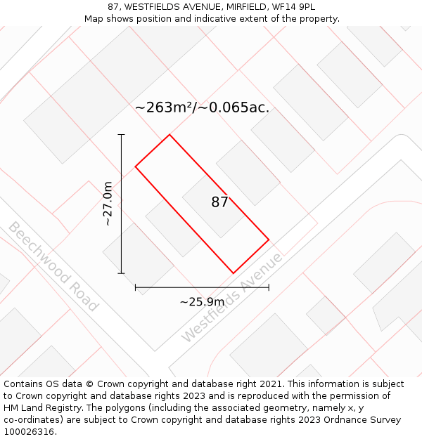 87, WESTFIELDS AVENUE, MIRFIELD, WF14 9PL: Plot and title map