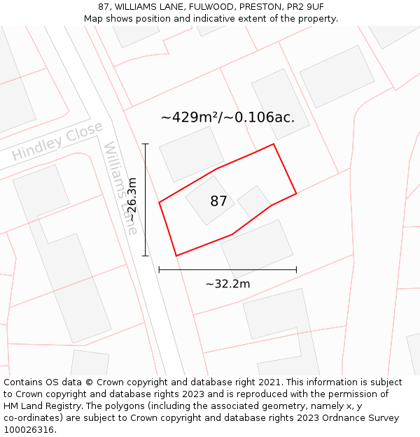 87, WILLIAMS LANE, FULWOOD, PRESTON, PR2 9UF: Plot and title map