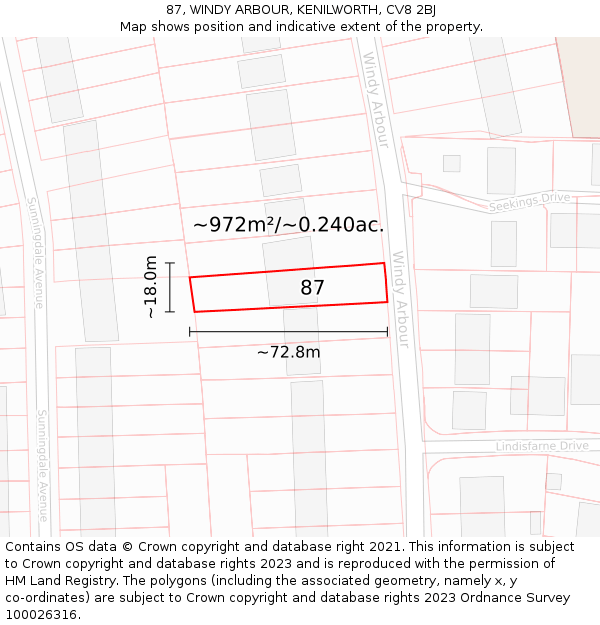 87, WINDY ARBOUR, KENILWORTH, CV8 2BJ: Plot and title map