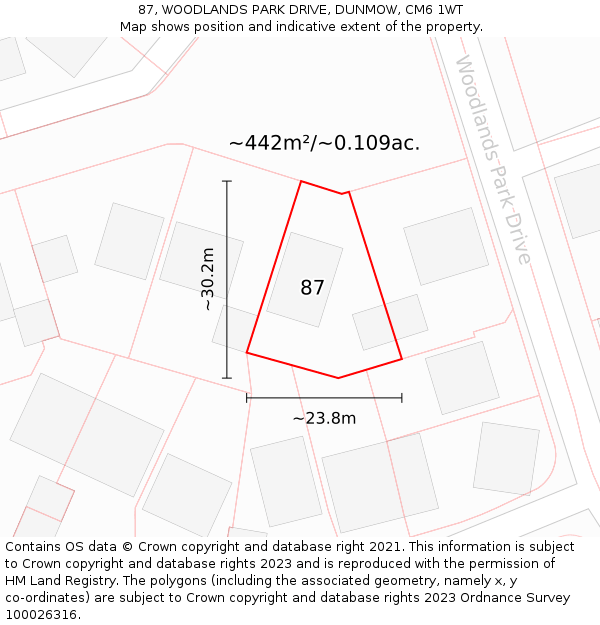 87, WOODLANDS PARK DRIVE, DUNMOW, CM6 1WT: Plot and title map